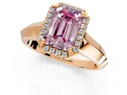 Halo Engagement Ring Setting for Fancy Pink Emerald Cut Center with Knife Ridge Cathedral Band and Prong Head in Rose Gold