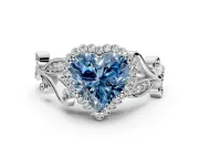 Halo Engagement Ring Setting for Fancy Blue Heart-Shaped Center with Leaf Motif Split Shank and Prong Head in Sterling Silver