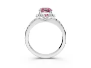 Paired Accent Engagement Ring Setting for Fancy Pink Cushion Cut Center with Pave Band and Prong Head in Platinum