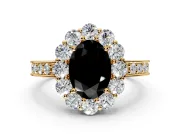 Halo Engagement Ring Setting for Fancy Black Oval Center with Milgrain Channel Band and Prong Head in Yellow Gold