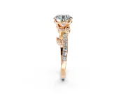 Leaf Motif Engagement Ring Setting for Round Cut Center with Pave Band and Prong Head in Rose Gold
