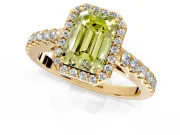 Halo Engagement Ring Setting for Fancy Yellow Emerald Cut Center with Full Pave Band and Prong Head in Yellow Gold
