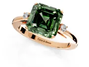 3 Stone Engagement Ring Setting for Fancy Green Asscher Cut Center with Low-Set Round Cut Accents and Prong Head in Rose Gold