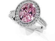 Halo Engagement Ring Setting for Fancy Pink Oval Center with Milgrain Pave Band and Bezel Head in Sterling Silver