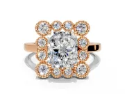 Cluster Halo Engagement Ring Setting for Radiant Cut Center with Milgrain Bezel Accents and Prong Head in Rose Gold