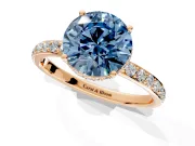 Hidden Halo Engagement Ring Setting for Fancy Blue Round Cut Center with Pave Band and Prong Head in Rose Gold
