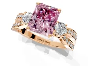 3 Stone Engagement Ring Setting for Fancy Pink Radiant Cut Center with Pave Twist Band and Prong Head in Rose Gold