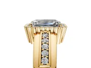 Halo Engagement Ring Setting for Emerald Cut Center with Wide Band, Inlaid Accent Row and Prong Head in Yellow Gold