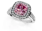 Halo Engagement Ring Setting for Fancy Pink Cushion Cut Center with Outer Bezel Rim, Pave Band and Prong Head in Platinum