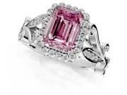 Halo Engagement Ring Setting for Fancy Pink Emerald Cut Center with Leaf Motif Split Shank and Prong Head in Sterling Silver