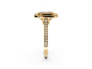 Halo Engagement Ring Setting for Fancy Pink Emerald Cut Center with Milgrain Frame, Pave Band and Prong Head in Yellow Gold