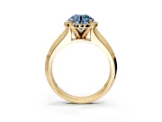 Halo Engagement Ring Setting for Fancy Blue Round Cut Center with Knife Ridge Cathedral Band and Prong Head in Yellow Gold