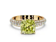 Solitaire Engagement Ring Setting for Fancy Yellow Cushion Cut Center with Domed Multi-Row Pave Band and Prong Head in Yellow Gold