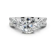 3 Stone Engagement Ring Setting for Round Cut Center with Pave Split Shank and Prong Head in White Gold