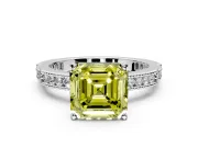 Solitaire Engagement Ring Setting for Fancy Yellow Asscher Cut Center with Milgrain-Edged Pave Band and Prong Head in White Gold