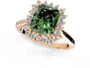 Starburst Halo Engagement Ring Setting for Fancy Green Radiant Cut Center with Thin Round-Wire Band and Prong Head in Rose Gold