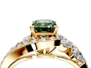 Halo Engagement Ring Setting for Fancy Green Emerald Cut Center with Marquise and Pave Bypass Band and Prong Head in Yellow Gold