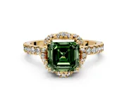 Halo Engagement Ring Setting for Fancy Green Asscher Cut Center with Openwork Halo, Pave Band and Prong Head in Yellow Gold