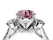 3 Stone Engagement Ring Setting for Fancy Pink Round Cut Center with Crossover Basket, Pave Band and Prong Head in Platinum