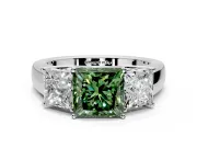 3 Stone Engagement Ring Setting for Fancy Green Princess Cut Center with Raised Basket Heads and Prong Head in Platinum