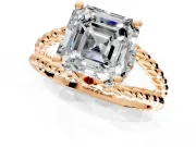 Halo Engagement Ring Setting for Asscher Cut Center with Rope Twist Split Shank and Prong Head in Rose Gold