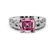 Leaf Engagement Ring Setting for Fancy Pink Asscher Cut Center with Milgrain Accent Band and Prong Head in Platinum