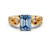 Leaf Engagement Ring Setting for Fancy Blue Emerald Cut Center with Milgrain Accent Band and Prong Head in Yellow Gold