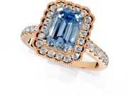 Milgrain Floral Halo Engagement Ring Setting for Fancy Blue Emerald Cut Center with Pave Band and Prong Head in Rose Gold