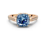 Cathedral Engagement Ring Setting for Fancy Blue Cushion Cut Center with Antique-Style Pave Band and Prong Head in Rose Gold