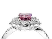 Floral Halo Engagement Ring Setting for Fancy Pink Emerald Cut Center with Pave Accents and Prong Head in Sterling Silver