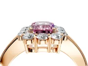 Halo Engagement Ring Setting for Fancy Pink Emerald Cut Center with Milgrain Channel Band and Prong Head in Rose Gold