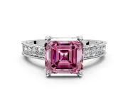 Solitaire Engagement Ring Setting for Fancy Pink Asscher Cut Center with Milgrain-Framed Pave Band and Prong Head in Platinum