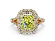 Double Halo Engagement Ring Setting for Fancy Yellow Radiant Cut Center with Narrow Pave Split Shank and Prong Head in Yellow Gold