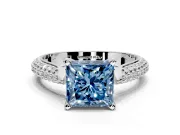 Solitaire Engagement Ring Setting for Fancy Blue Princess Cut Center with Multi-Row Accents and Prong Head in Sterling Silver