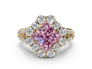 Large Accent Halo Engagement Ring Setting for Fancy Pink Princess Cut Center with Pave Split Shank and Prong Head in Yellow Gold