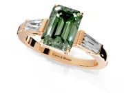3 Stone Engagement Ring Setting for Fancy Green Emerald Cut Center with Baguette Accents and Prong Head in Rose Gold