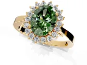 Starburst Halo Engagement Ring Setting for Fancy Green Oval Center with Flat Cathedral Band and Prong Head in Yellow Gold