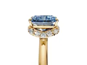 Hidden Halo Engagement Ring Setting for Fancy Blue Radiant Cut Center with Plain Rounded Band and Prong Head in Yellow Gold