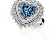 Halo Engagement Ring Setting for Fancy Blue Heart-Shaped Center with Milgrain Bezel Rim, Plain Band and Prong Head in Platinum