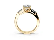 3 Stone Engagement Ring Setting for Radiant Cut Center with Tapered Baguettes, Plain Band and Prong Head in Yellow Gold