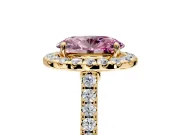 Halo Engagement Ring Setting for Fancy Pink Oval Center with Narrowing Pave Band and Prong Head in Yellow Gold