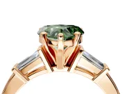 3 Stone Engagement Ring Setting for Fancy Green Heart-Shaped Center with Channel Baguette Accents and Prong Head in Rose Gold