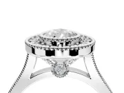 Halo Engagement Ring Setting for Pear-Shaped Center with Milgrain Frame, Pave Band and Prong Head in White Gold