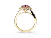 Halo Engagement Ring Setting for Fancy Pink Round Cut Center with Narrowing Pave Band and Prong Head in Yellow Gold