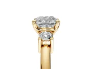 3 Stone Engagement Ring Setting for Cushion Cut Center with Wide Plain Band and Prong Head in Yellow Gold
