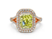 Double Halo Engagement Ring Setting for Fancy Yellow Radiant Cut Center with Narrow Pave Split Shank and Prong Head in Rose Gold