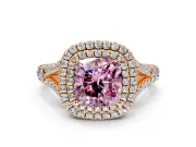 Double Halo Engagement Ring Setting for Fancy Pink Cushion Cut Center with Narrow Pave Split Shank and Prong Head in Rose Gold