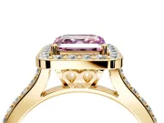 Halo Engagement Ring Setting for Fancy Pink Asscher Cut Center with Pave Accents, Heart Basket and Prong Head in Yellow Gold