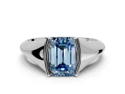Tension Engagement Ring Setting for Fancy Blue Emerald Cut Center with Wide Tapered Band and Tension Head in White Gold