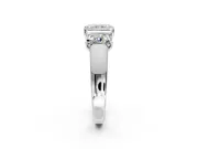 3 Stone Engagement Ring Setting for Radiant Cut Center with Raised Basket Heads and Prong Head in Platinum
